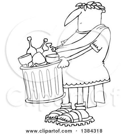 Clipart of a Cartoon Black and White Lineart Roman Man Carrying a Garbage Can Full of Bottles and Wine Glasses - Royalty Free Vector Illustration by djart