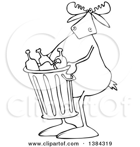 Clipart of a Cartoon Black and White Lineart Moose Carrying a Garbage Can Full of Bottles - Royalty Free Vector Illustration by djart