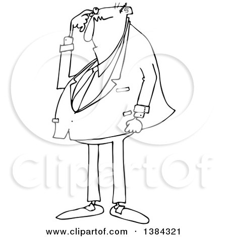 Clipart of a Cartoon Black and White Lineart Chubby Bald Business Man Scratching His Head and Looking Puzzled - Royalty Free Vector Illustration by djart