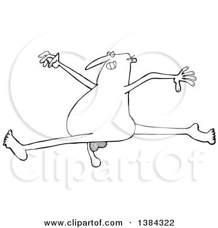 Cartoon Black And White Lineart Carefree Nudec Man Leaping Posters Art Prints By Interior