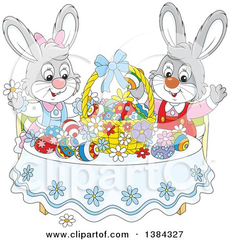 Clipart of Cartoon Easter Bunny Rabbits Cheering at a Table with Eggs and a Basket - Royalty Free Vector Illustration by Alex Bannykh