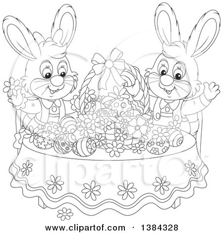 Clipart of Black and White Lineart Easter Bunny Rabbits Cheering at a Table with Eggs and a Basket - Royalty Free Vector Illustration by Alex Bannykh