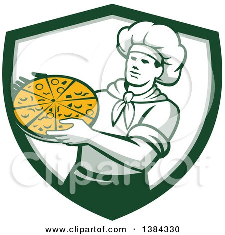 Clipart of a Retro Male Chef Holding a Pizza Pie in a White and Green Shield - Royalty Free Vector Illustration by patrimonio