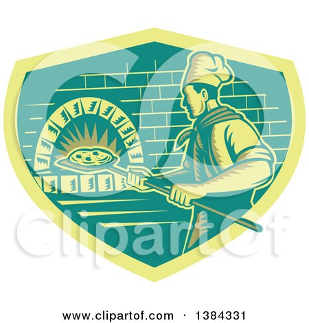 Clipart of a Retro Woodcut Pizza Chef Holding a Peel with a Pie in Front of a Brick Oven - Royalty Free Vector Illustration by patrimonio