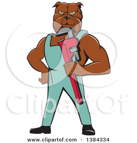 Clipart of a Muscular Bulldog Man Plumber Mascot Holding a Monkey Wrench - Royalty Free Vector Illustration by patrimonio