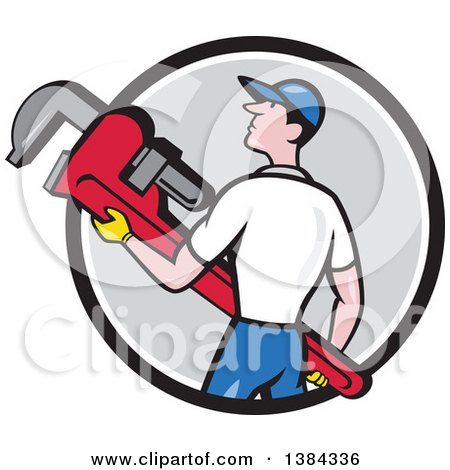 Clipart of a Retro Cartoon White Male Plumber Holding a Giant Monkey Wrench in a Black White and Gray Circle - Royalty Free Vector Illustration by patrimonio