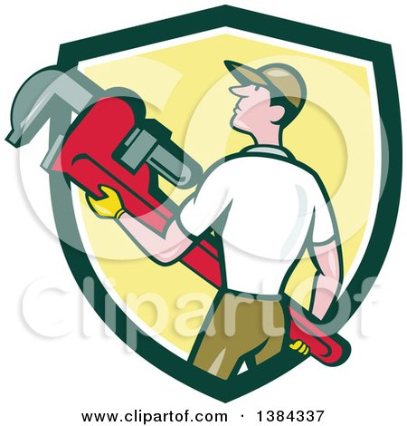Clipart of a Retro Cartoon White Male Plumber Holding a Giant Monkey Wrench in a Green White and Yellow Shield - Royalty Free Vector Illustration by patrimonio