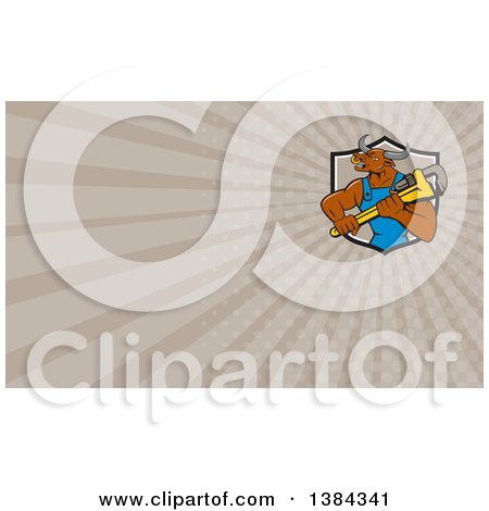 Clipart of a Cartoon Bull Man Plumber Mascot Holding a Monkey Wrench and Taupe Rays Background or Business Card Design - Royalty Free Illustration by patrimonio