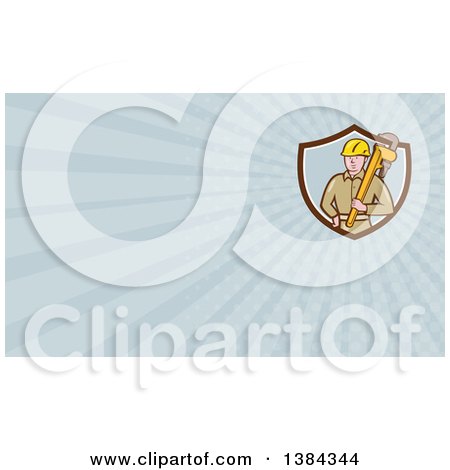 Clipart of a Retro Cartoon White Male Plumber Holding a Giant Monkey Wrench and Blue Rays Background or Business Card Design - Royalty Free Illustration by patrimonio