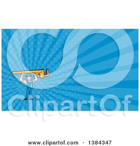 Clipart of a Retro Cartoon White Male Plumber Holding up a Giant Monkey Wrench and Blue Rays Background or Business Card Design - Royalty Free Illustration by patrimonio