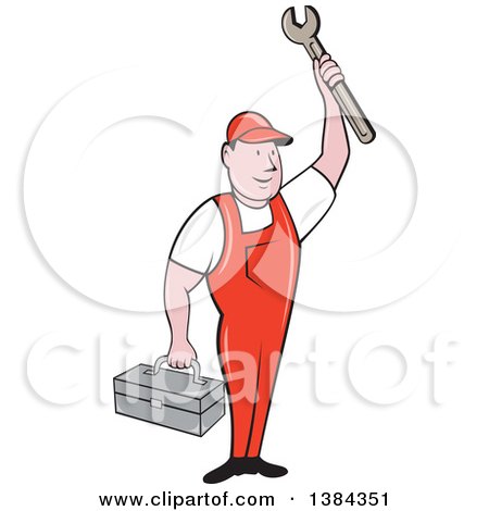 Clipart of a Retro Cartoon White Male Mechanic Holding a Tool Box and Wrench - Royalty Free Vector Illustration by patrimonio