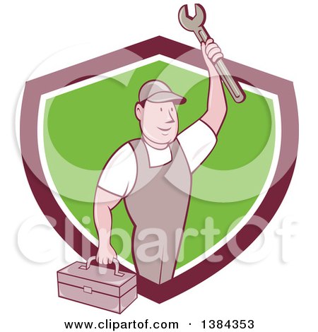 Clipart of a Retro Cartoon White Male Mechanic Holding a Tool Box and Wrench in a Shield - Royalty Free Vector Illustration by patrimonio