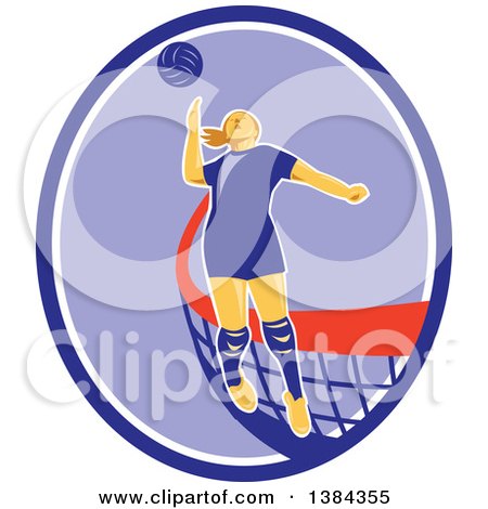 Clipart of a Retro Female Volleyball Player Jumping and Spiking the Ball in a Blue Purple and White Oval - Royalty Free Vector Illustration by patrimonio