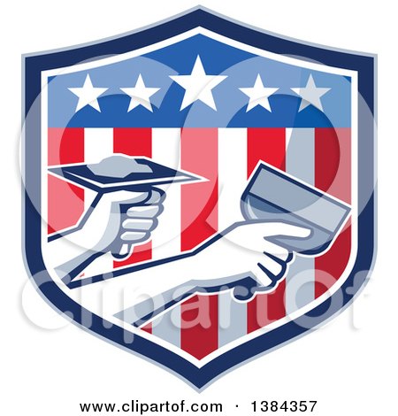 Clipart of Hands of a Retro Plasterer Repairing Drywall with Putty Knife and Hawk in an American Themed Shield - Royalty Free Vector Illustration by patrimonio