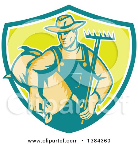 Clipart of a Retro Woodcut Male Farmer Holding a Rake and Sack in a Turquoise White and Green Shield - Royalty Free Vector Illustration by patrimonio