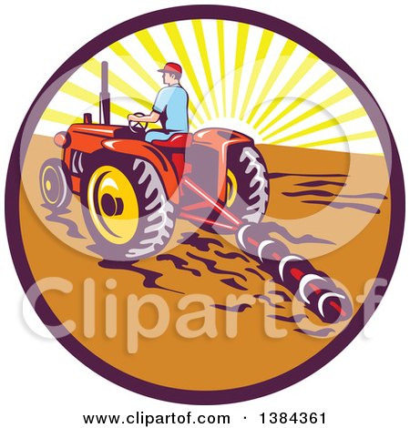 Clipart of a Retro Male Farmer Operating a Tractor and Plow in a Sunrise Circle - Royalty Free Vector Illustration by patrimonio