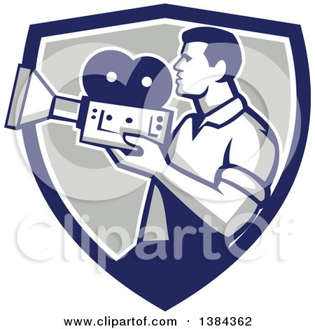 Clipart of a Profiled Retro Camera Man Filming in a Blue White and Gray Shield - Royalty Free Vector Illustration by patrimonio