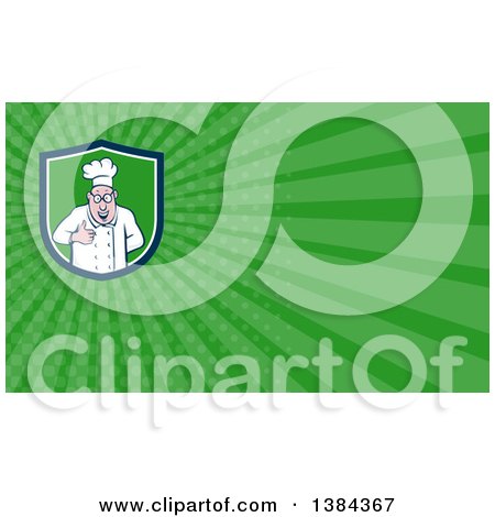 Clipart of a Cartoon Happy Chubby White Male Chef Giving a Thumb up and Green Rays Background or Business Card Design - Royalty Free Illustration by patrimonio