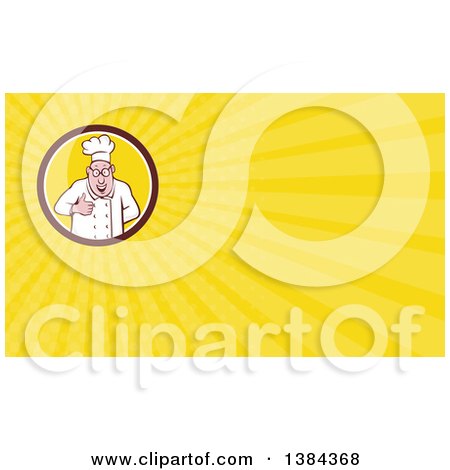 Clipart of a Cartoon Happy Chubby White Male Chef Giving a Thumb up and Yellow Rays Background or Business Card Design - Royalty Free Illustration by patrimonio
