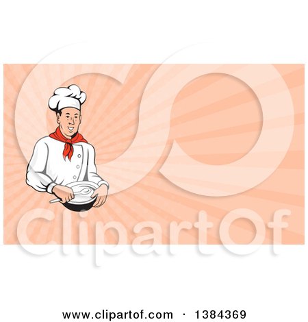 Clipart of a Retro Male Chef Holding a Bowl and Spoon and Pastel Pink Rays Background or Business Card Design - Royalty Free Illustration by patrimonio