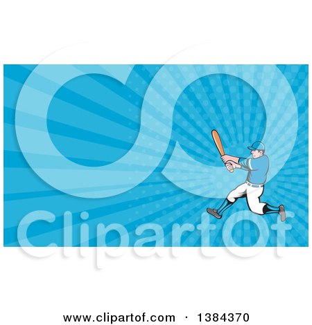 Clipart of a Retro Cartoon White Male Baseball Player Athlete Batting and Blue Rays Background or Business Card Design - Royalty Free Illustration by patrimonio