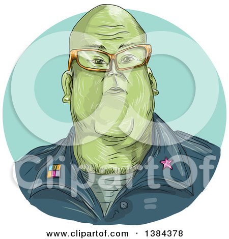 Clipart of a Sketched Green Alien General Wearing Glasses in a Blue Oval - Royalty Free Vector Illustration by patrimonio
