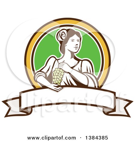 Clipart of a Retro Lady Holding a Bunch of Green Grapes in a Brown Yellow White and Green Circle over a Blank Ribbon Banner - Royalty Free Vector Illustration by patrimonio