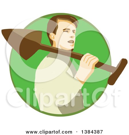 Clipart of a Retro Male Gardener Holding a Shovel over His Shoulder in a Green Circle - Royalty Free Vector Illustration by patrimonio