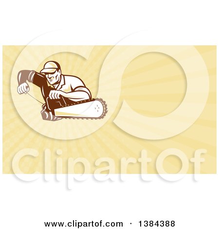 Clipart of a Retro Male Arborist Starting up a Chainsaw and Pastel Yellow Rays Background or Business Card Design - Royalty Free Illustration by patrimonio