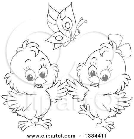Clipart of a Cartoon Black and White Butterfly over Two Spring Chicks - Royalty Free Vector Illustration by Alex Bannykh