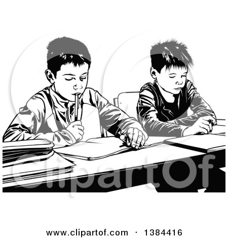 Clipart of Black and White Male Class Mates Working Side by Side at Their Desks - Royalty Free Vector Illustration by dero