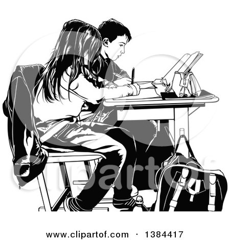 Clipart of Black and White Class Mates Working Side by Side at Their Desks - Royalty Free Vector Illustration by dero