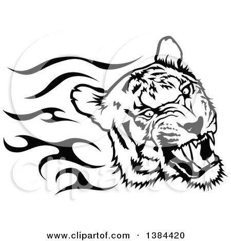 Clipart of a Black and White Flaming Tribal Tiger - Royalty Free Vector Illustration by dero