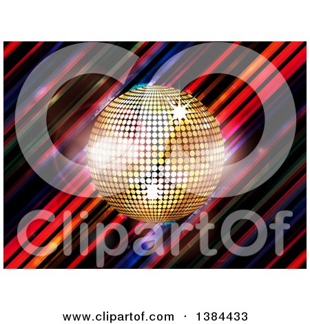 Clipart of a 3d Gold Sparkly Music Disco Ball over Diagonal Colorful Stripes - Royalty Free Vector Illustration by elaineitalia