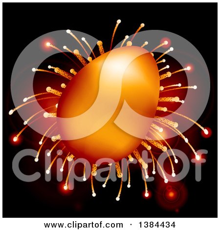 Clipart of a 3d Gold Easter Egg over Fireworks and Lens Flares on Black - Royalty Free Vector Illustration by elaineitalia
