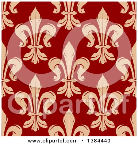 Clipart of a Seamless Pattern Background of Tan Fleur De Lis on Red - Royalty Free Vector Illustration by Vector Tradition SM