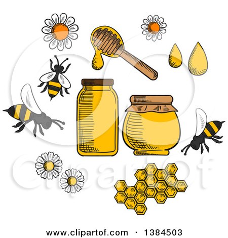 Clipart of Sketched Bees, Flowers and Honey - Royalty Free Vector Illustration by Vector Tradition SM