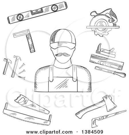 Clipart of a Black and White Sketched Carpenter and Tools - Royalty Free Vector Illustration by Vector Tradition SM