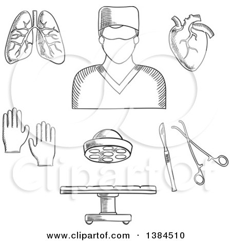 Clipart of a Black and White Sketched Surgeon Doctor, Organs and Accessories - Royalty Free Vector Illustration by Vector Tradition SM