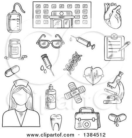 Clipart of a Black and White Sketched Hospital, Nurse and Medical Items - Royalty Free Vector Illustration by Vector Tradition SM