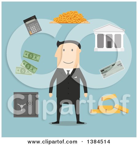 Clipart of a Flat Design White Male Banker and Accessories, on Blue - Royalty Free Vector Illustration by Vector Tradition SM