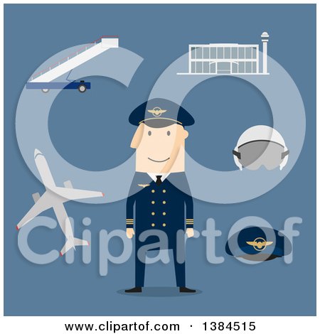 Clipart of a Flat Design White Male Pilot and Accessories, on Blue - Royalty Free Vector Illustration by Vector Tradition SM