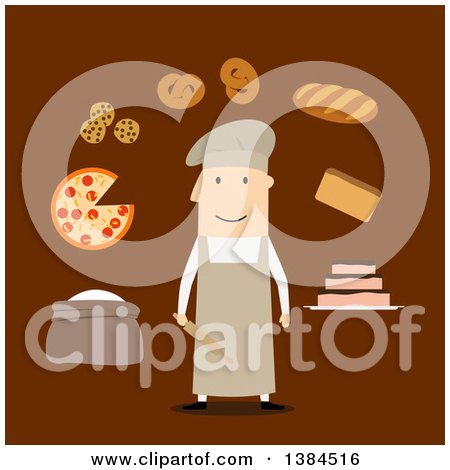Clipart of a Flat Design White Male Baker and Accessories, on Brown - Royalty Free Vector Illustration by Vector Tradition SM