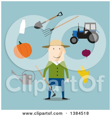 Clipart of a Flat Design White Male Farmer and Accessories, on Blue - Royalty Free Vector Illustration by Vector Tradition SM