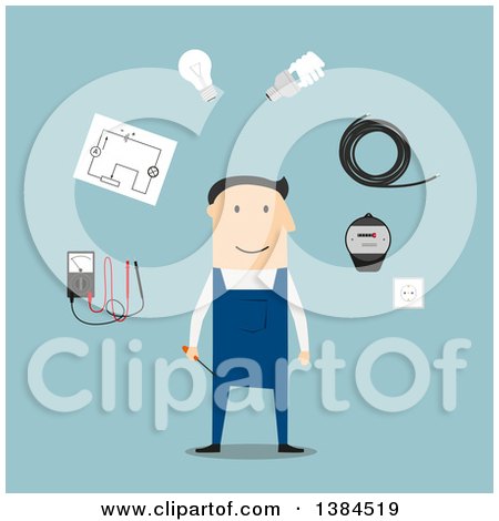 Clipart of a Flat Design White Male Electrician and Accessories, on Blue - Royalty Free Vector Illustration by Vector Tradition SM