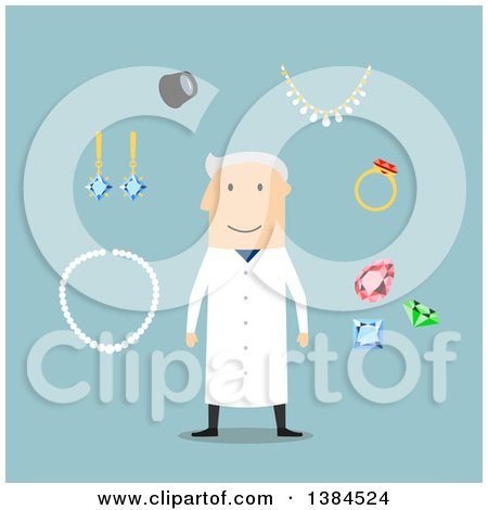 Clipart of a Flat Design White Male Jeweler and Accessories, on Blue - Royalty Free Vector Illustration by Vector Tradition SM