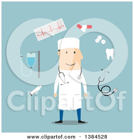 Clipart of a Flat Design White Male Doctor and Accessories, on Blue - Royalty Free Vector Illustration by Vector Tradition SM
