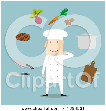Clipart of a Flat Design White Male Chef and Accessories, on Blue - Royalty Free Vector Illustration by Vector Tradition SM