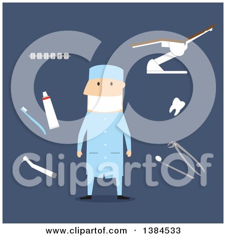 Clipart of a Flat Design White Male Dentist and Accessories, on Blue - Royalty Free Vector Illustration by Vector Tradition SM