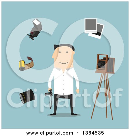 Clipart of a Flat Design White Male Photographer and Accessories, on Blue - Royalty Free Vector Illustration by Vector Tradition SM